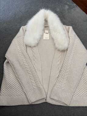 Anthropologie Ivory Cable-Knit Cardigan with Faux Fur Collar NWT